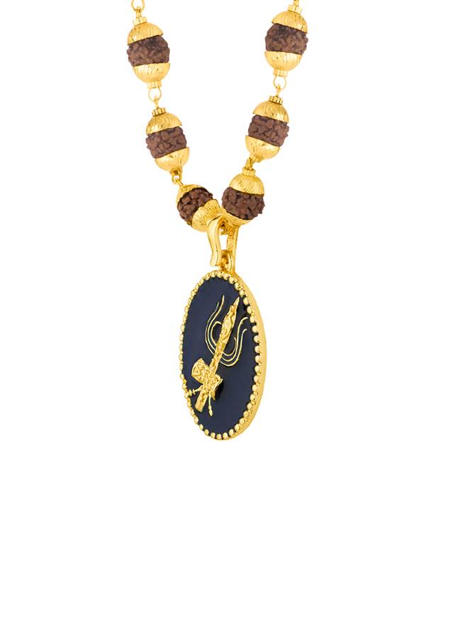Gold Capped Rudraksha And Trident Pendant Necklace : 8907617562520