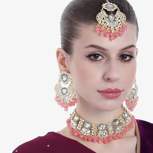 Estele Gold Plated Glittering Gehena Necklace Set & Maang Tikka With Mint Pink Beads For Women : PJ-038-IGMPNKERTK