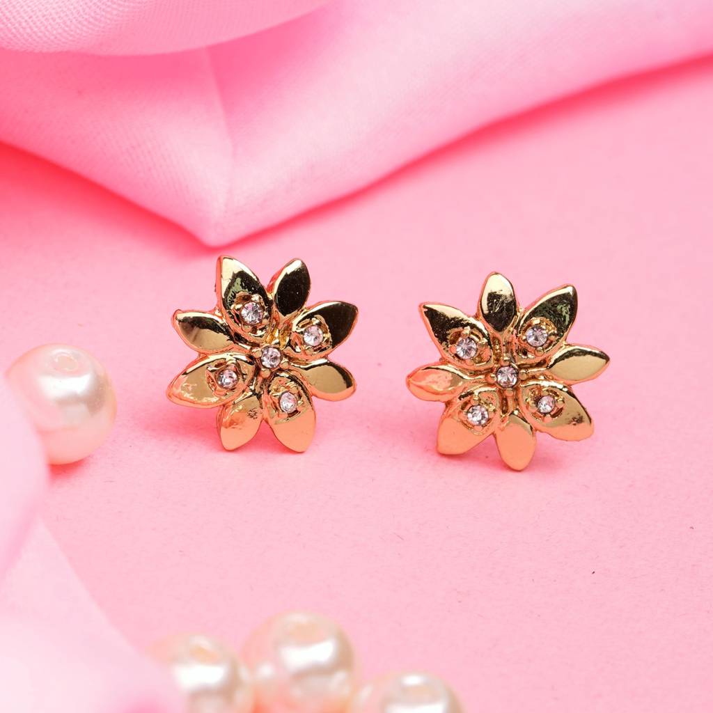 Estele Gold Plated Flower Stud Earrings With Crystals For Women : 659702ER