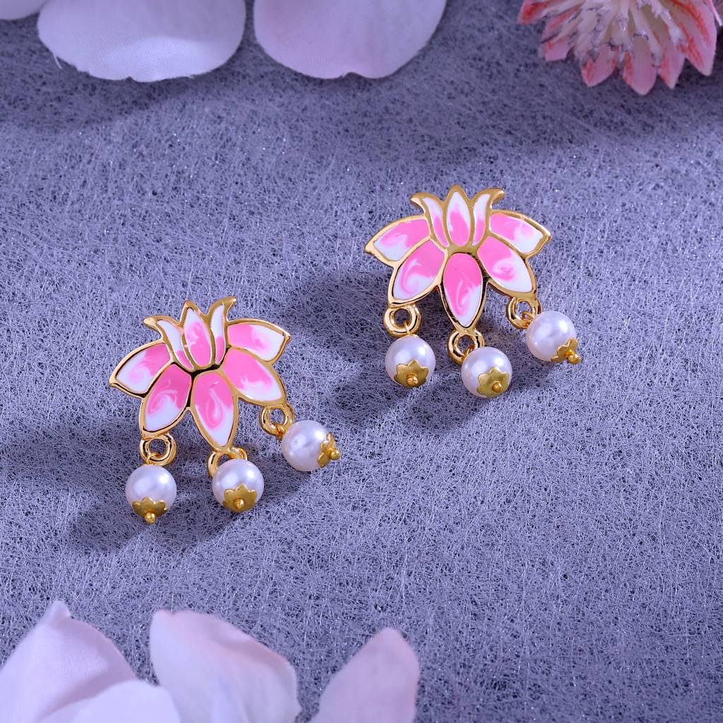 Estele Gold Plated Lotus Designer Pretty Pearl Drop Earrings With Pink Enamel For Girl'S & Women : 799703-IGER