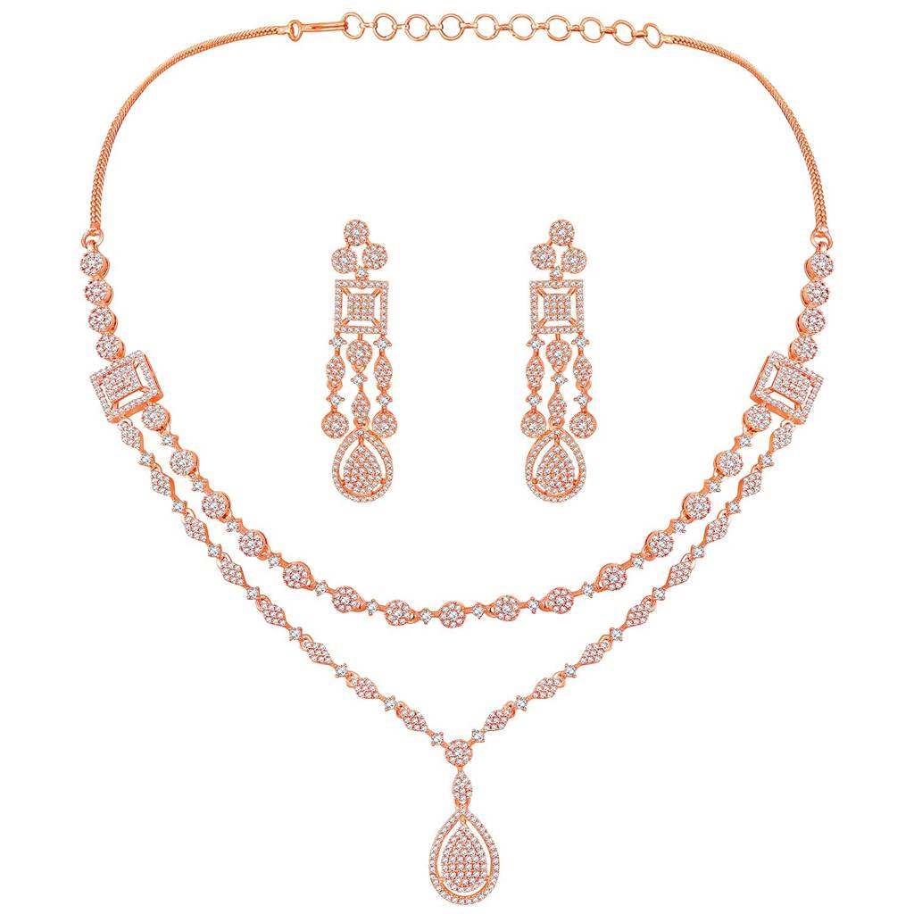 Cubic Zirconia Studded Two Layer Pendant Style Necklace & Drop Earrings Fancy Western Jewellery Set For Women-Pf67 : PF67N107C