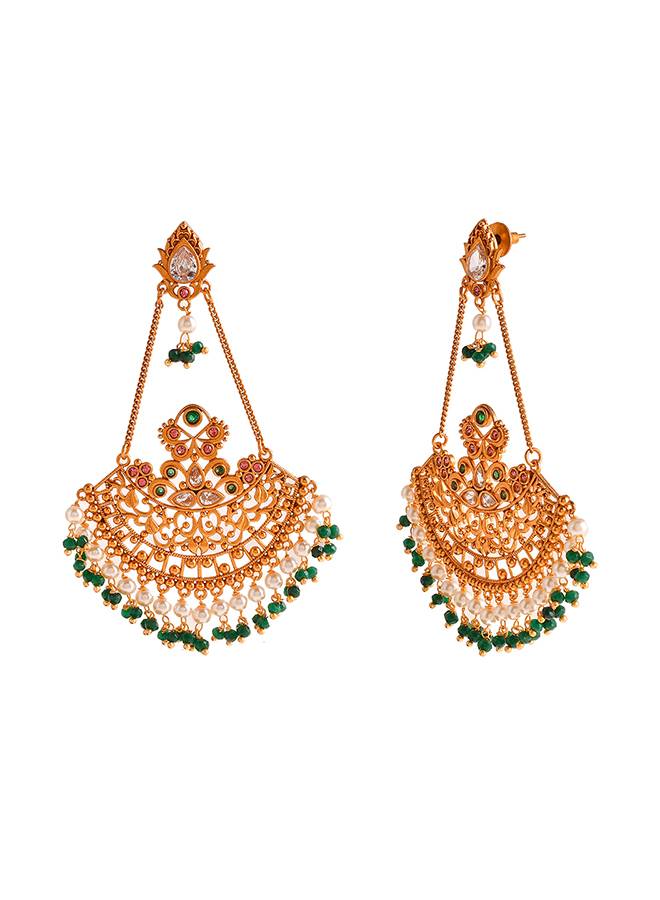 Abharan Ethnic White Pearls And Green Stones Filigree Earrings : 8905124493887