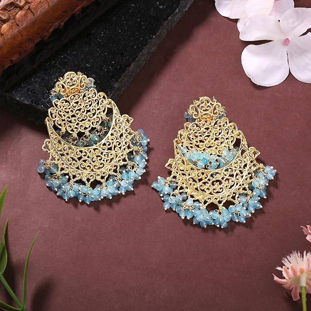 Estele Gold Plated Trellis Gehena Chandbali Earrings With Blue Beads For Women : PJ-007-IGBLER