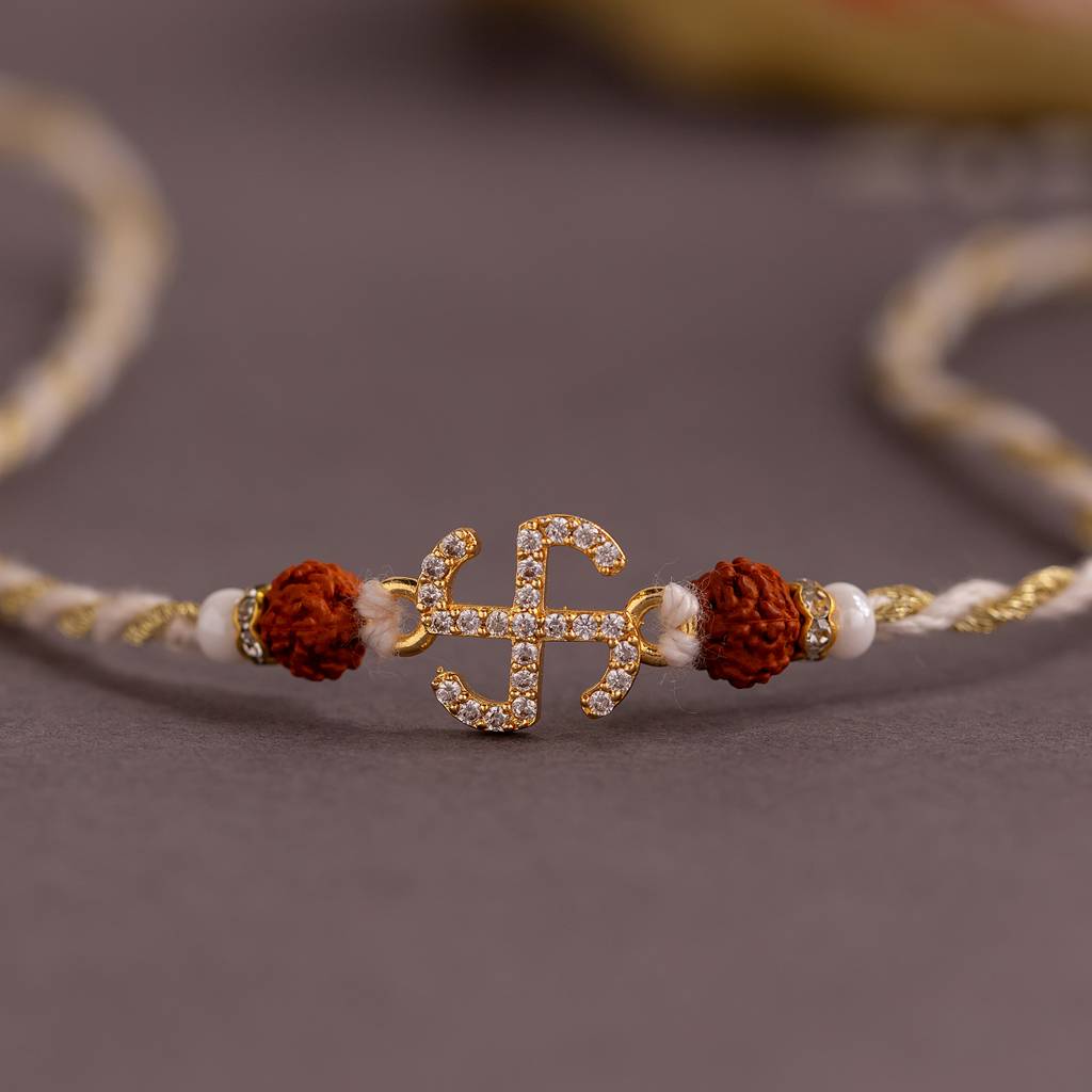 Divine Swastika American Diamond Rudraksha Rakhi For Brother : 8905124560305