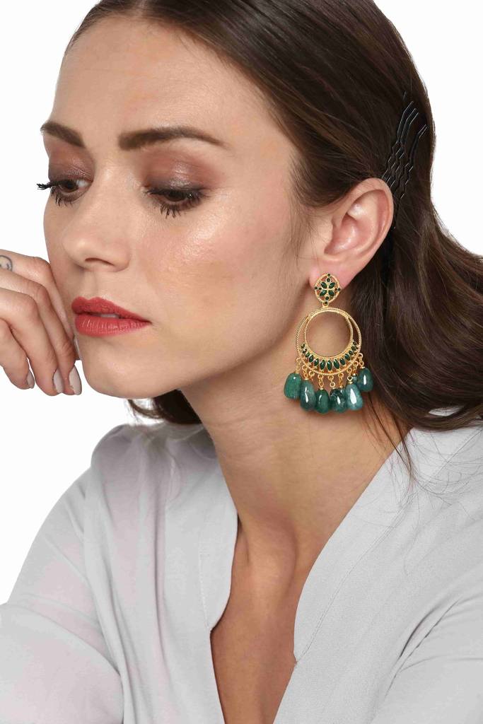 Estele Gold Plated Fascinating Chandbali Earrings With Emerald Beads For Women : 714704-IGER
