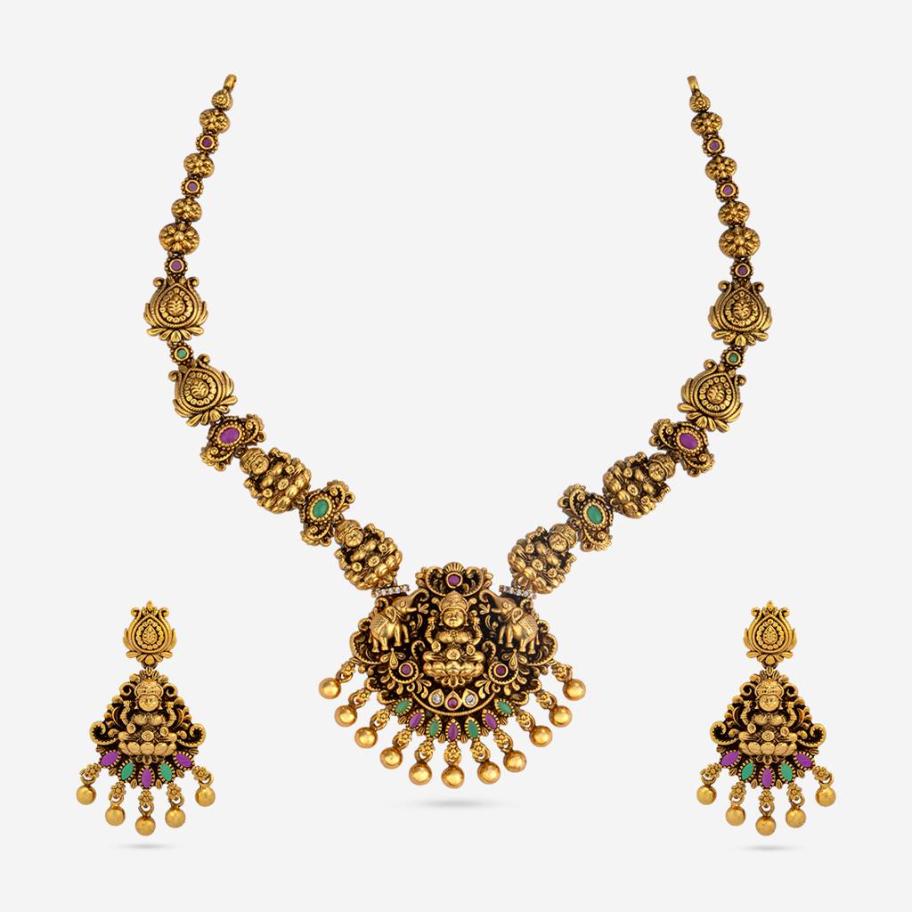 Kushal'S Fashion Jewellery Ruby-Green Gold-Plated Ethnic Antique Necklace And Earring Set  -186402 : 444561