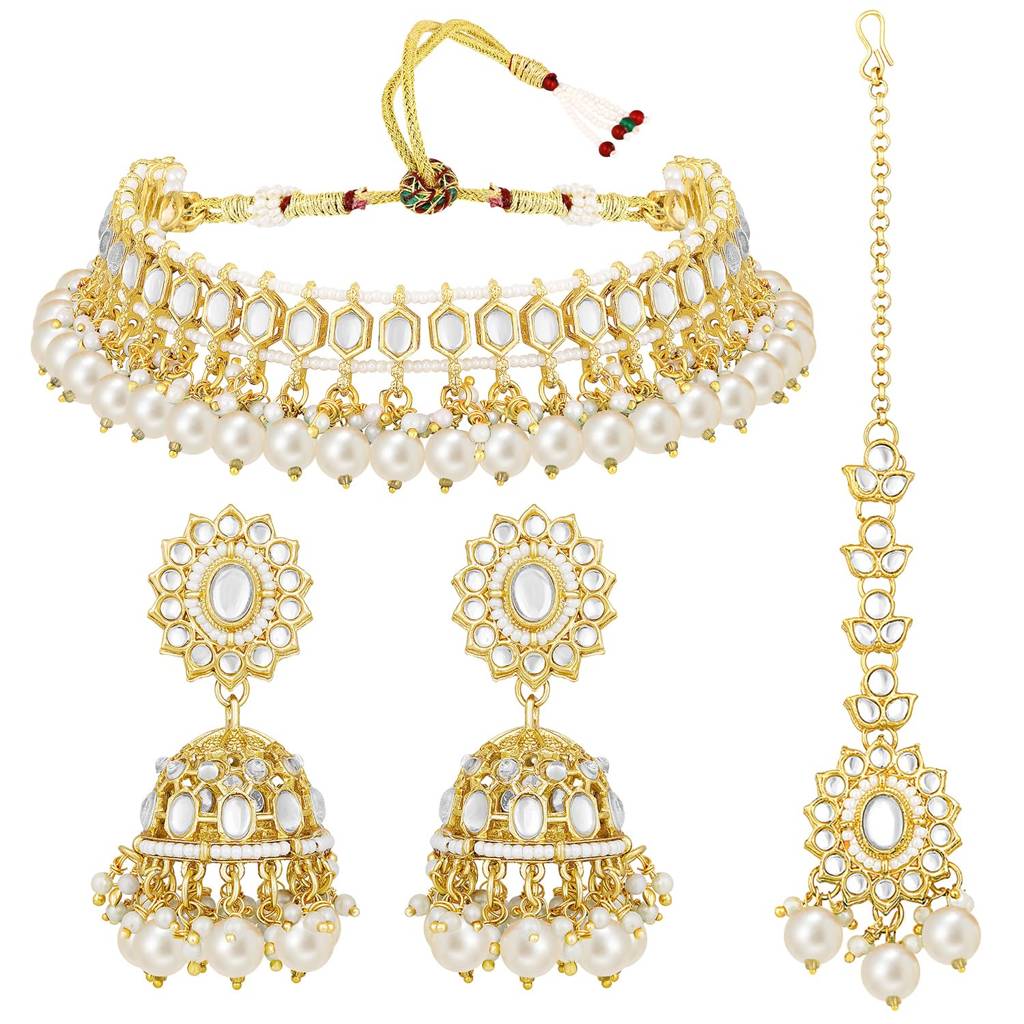 Gold Plated White Beads & Kundan Studded Necklace Choker With Jhumka Earrings & Maangtikka Jewellery Set For Women : PF26N024W