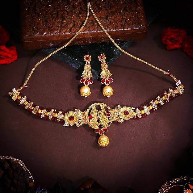 Estele Gold Plated Radha Krishna Designer Gehena Necklace Set With Red Beads For Women : PJ-017-IGRBNKER