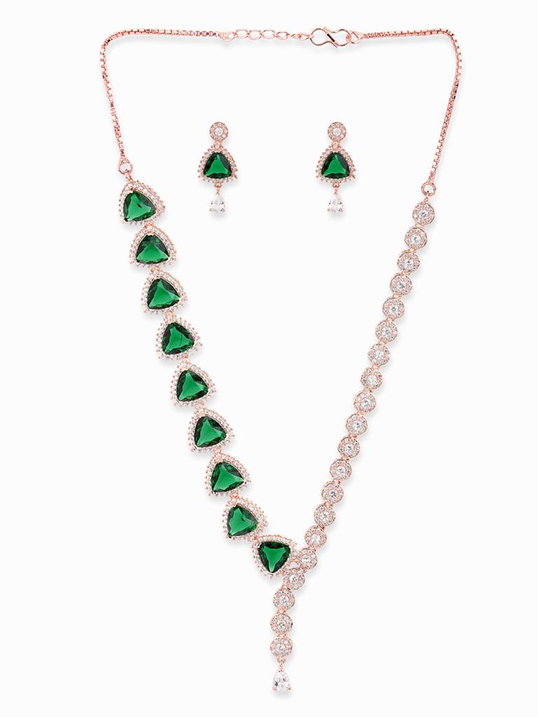Cz Rose Gold Plated Pearl Brass Necklace Set With Green Stone : 8905124435689