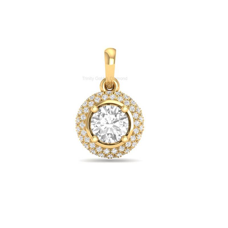 1.0Ct Round Moissanite Halo Pendant With Chain In 14Kt Gold Over Sterling Silver : TGDP-03