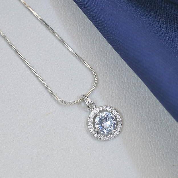 Silver-Tone Halo Pendant Necklace With Round Crystal Charm For Women Daily Wear : OSAK051-IRWEPENDANT