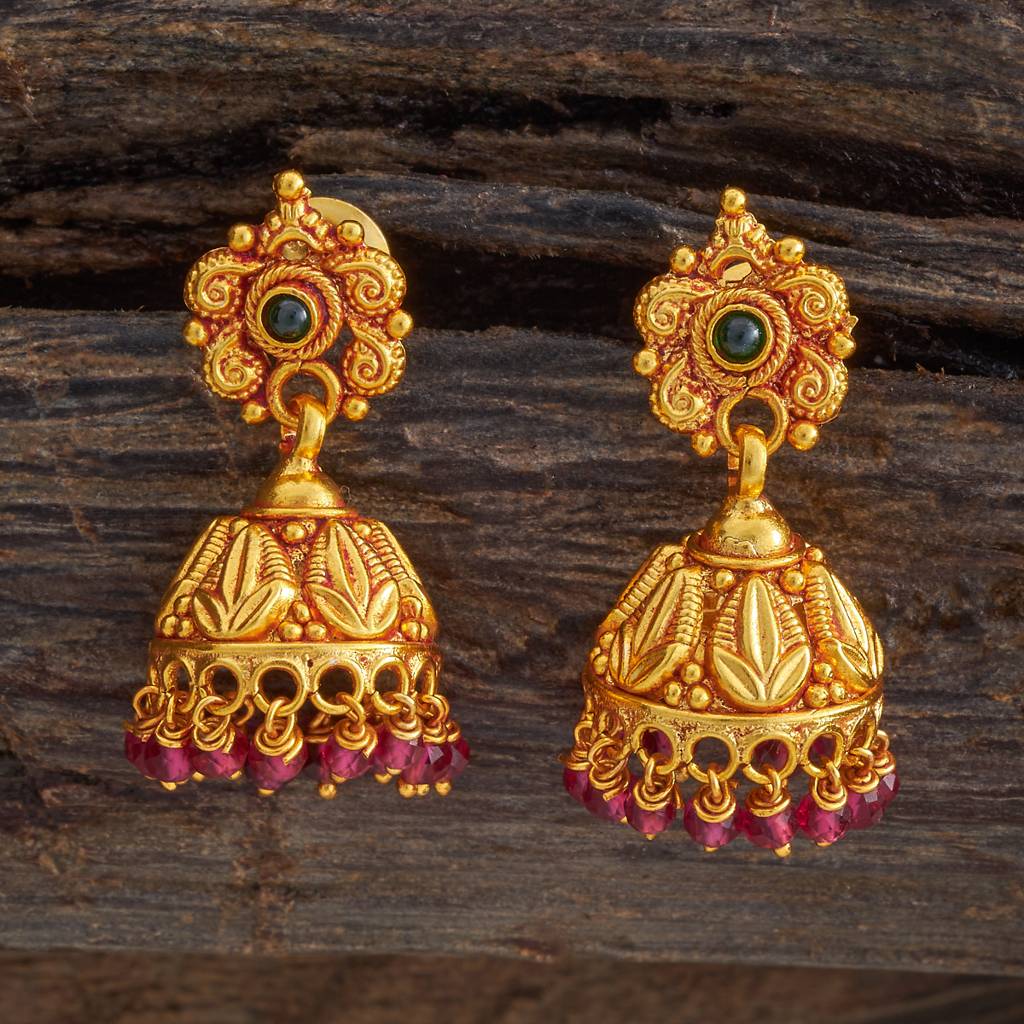 Kushal'S Fashion Jewellery Ruby-Green Gold-Plated Ethnic 92.5 Pure Silver Temple Jhumkas-174158 : 417981
