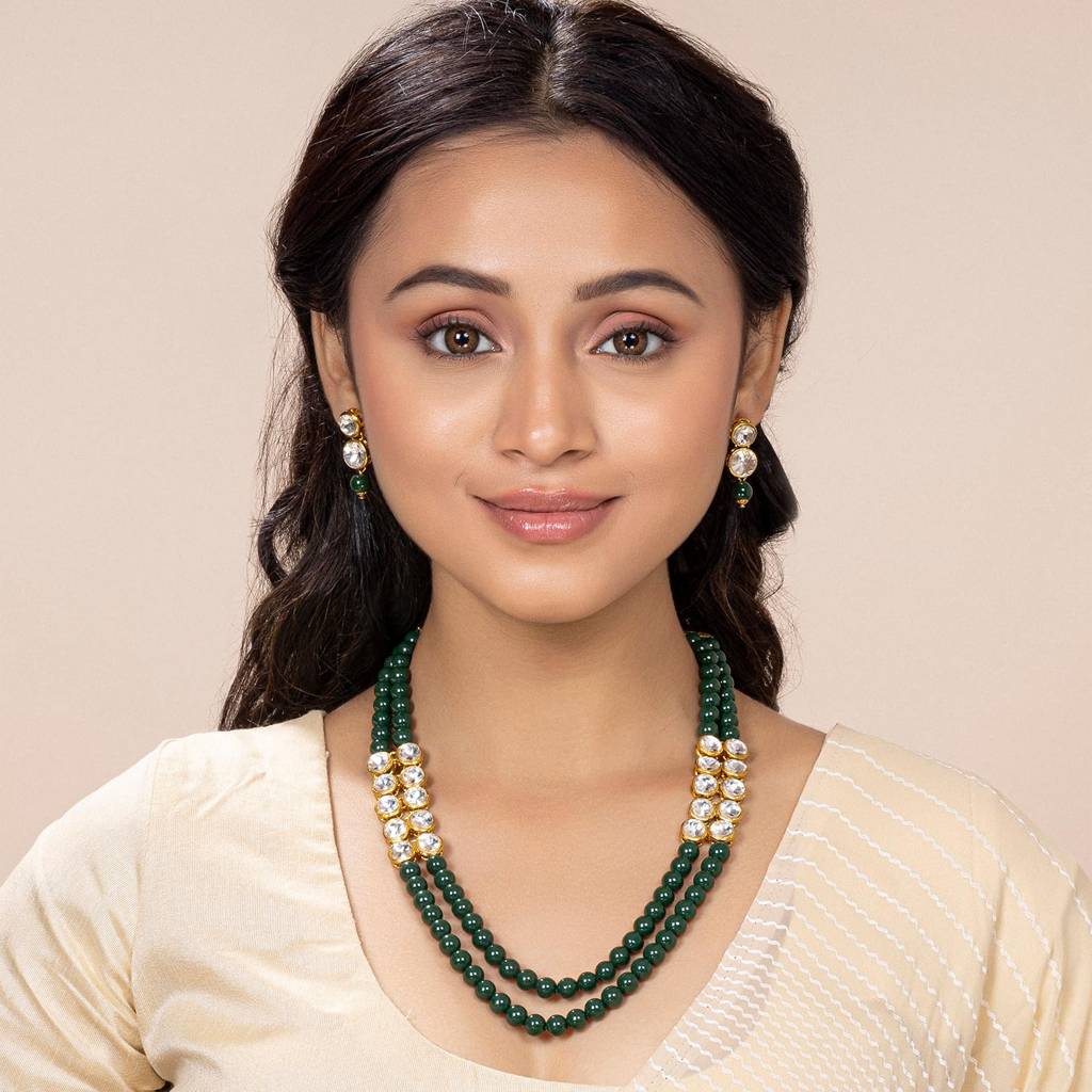 Gold Plated Crystal Pearl Long Necklace With Earring Traditional Jewellery Set For Women Girls : PF24N217G