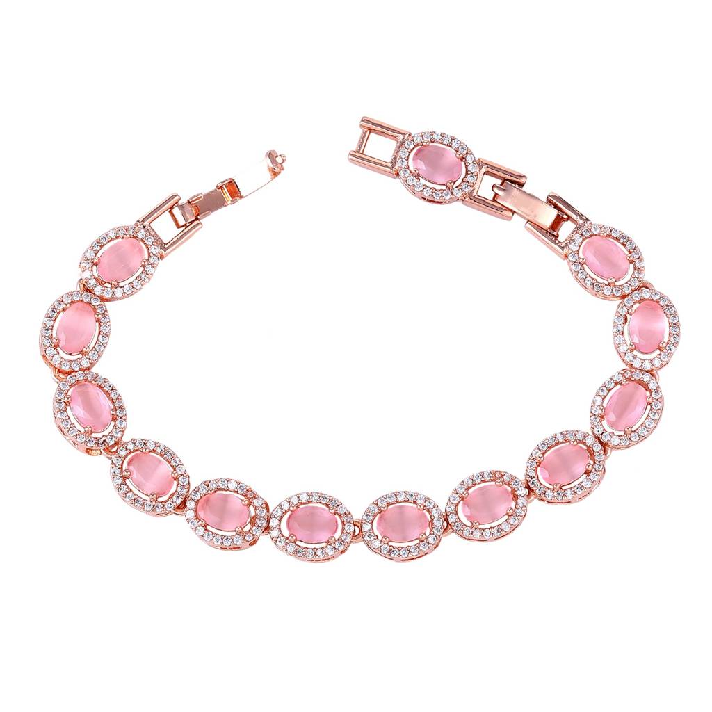 Estele Rosegold Plated Radiant Mint Pink American Diamonds Adorned Charm Bracelet|Elegant Sparkle For Women : AD-065-RGMPBR