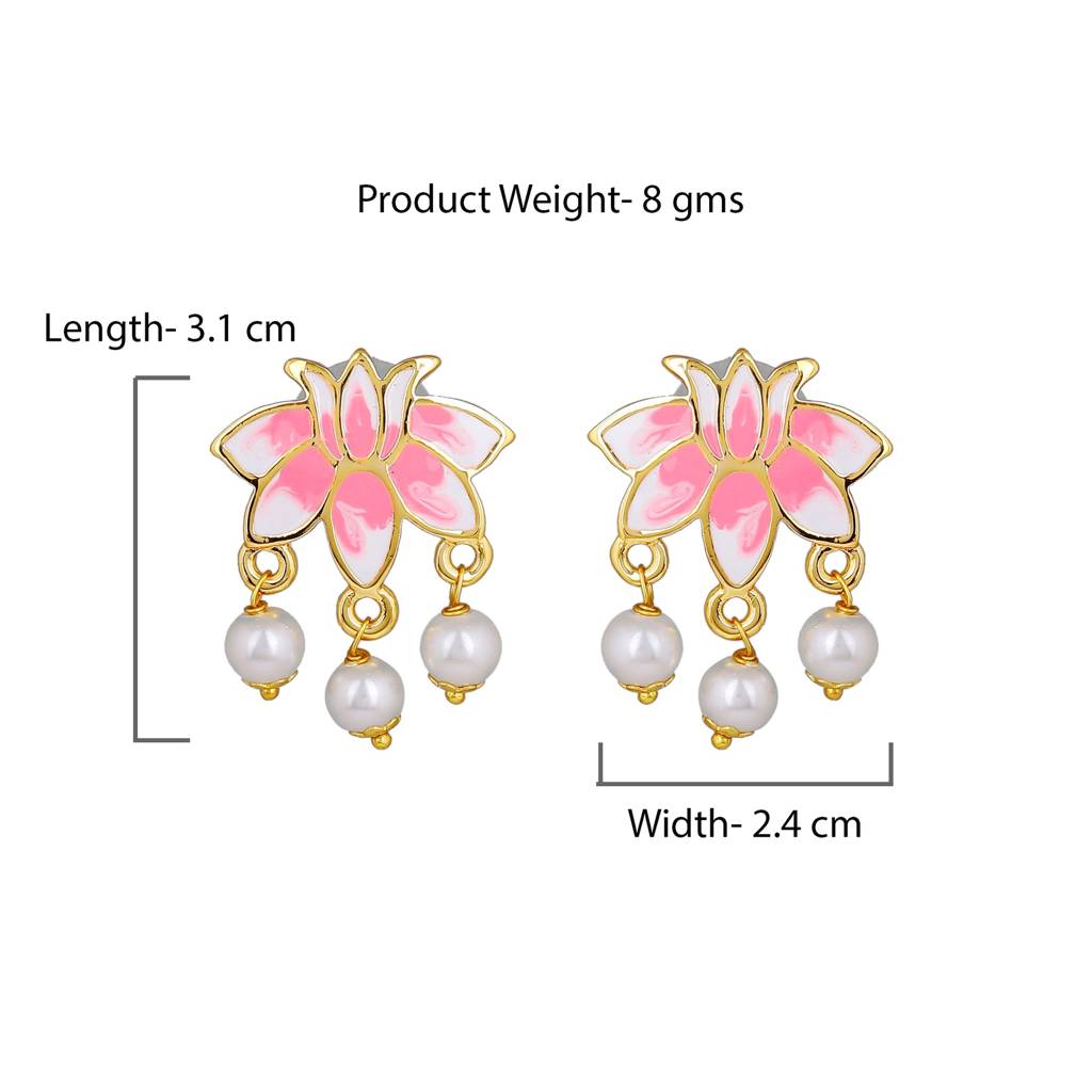 Estele Gold Plated Lotus Designer Pretty Pearl Drop Earrings With Pink Enamel For Girl'S & Women : 799703-IGER