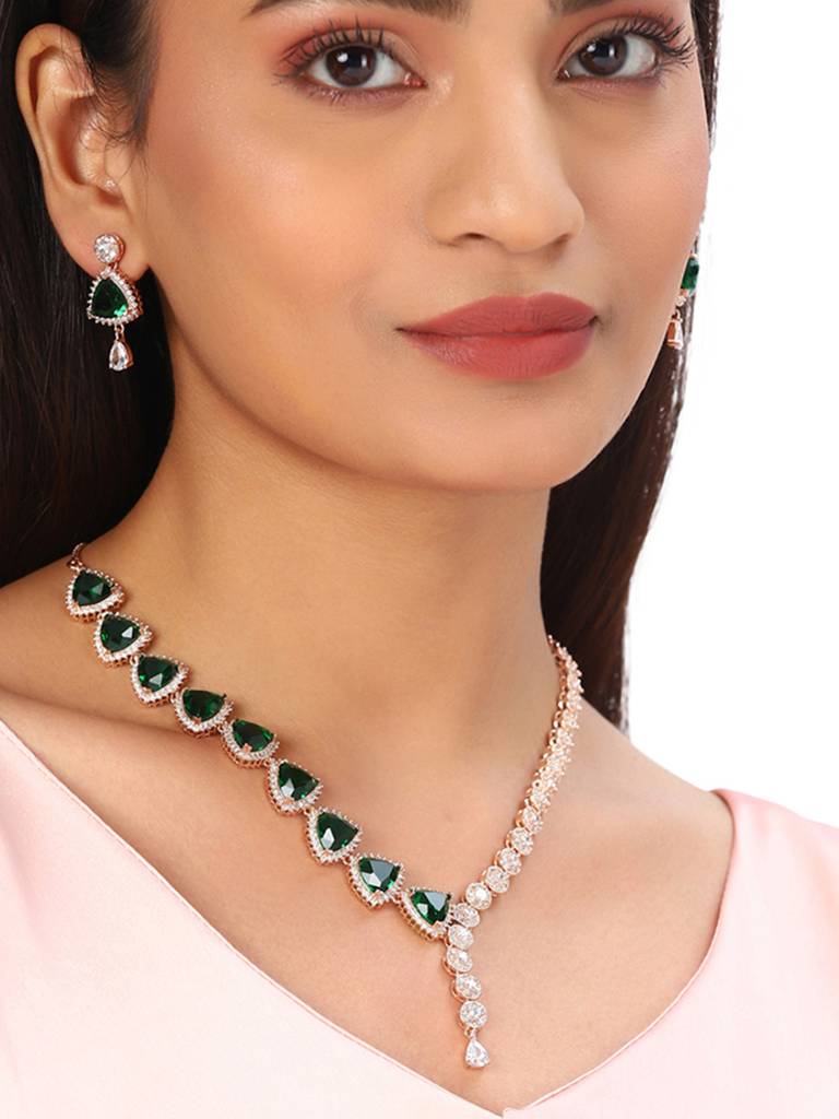 Cz Rose Gold Plated Pearl Brass Necklace Set With Green Stone : 8905124435689