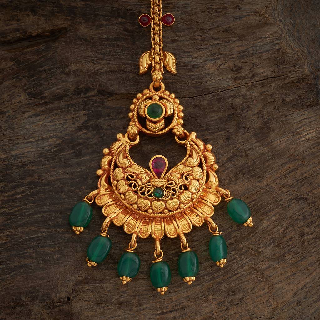 Kushal'S Fashion Jewellery Ruby-Green Gold-Plated Ethnic 92.5 Pure Silver Temple Maang Tikka       -167587 : 406660