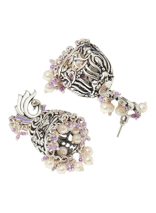 Filigree Design Silver Toned Round Faux Pearls Jewellery Set : 8905124444728
