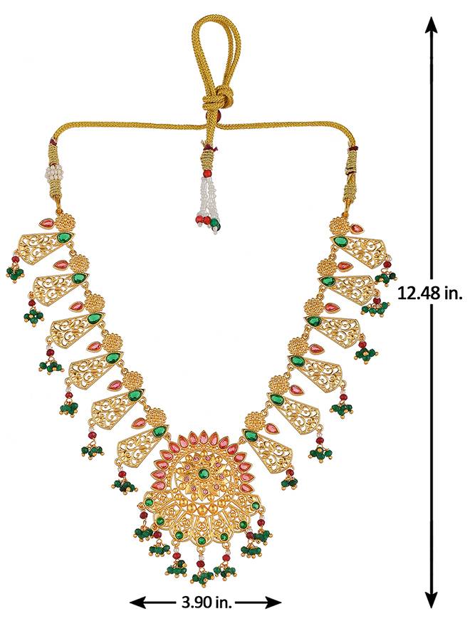 Abharan Red And Green Stones And Pearls Opulent Jewellery Set : 8905124494495
