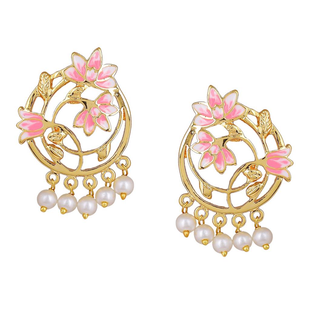 Estele Gold Plated Pink Enamel Lotus & Creeper Designer Pearl Drop Earrings For Girl'S & Women : 10190-IGER