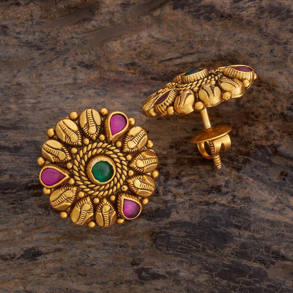 Kushal'S Fashion Jewellery Ruby-Green Oxidised Gold-Plated Ethnic 92.5 Pure Silver Temple Studs-177420 : 425360