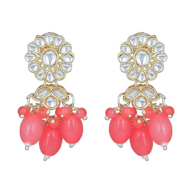 Estele Gold Plated Flower Designer Gehena Drop Earrings With Mint Pink Beads For Women : PJ-003-IGMPER
