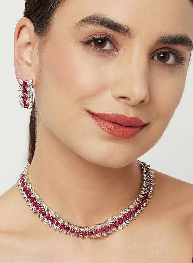 Cz Elegance Pink And White Cz Gems Necklace Set : 8905124459258