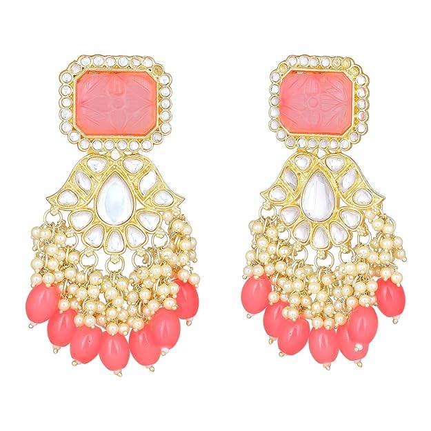 Estele Gold Plated Fashionable Gehena Drop Earrings With Mint Pink Beads For Women : PJ-013-IGMPER