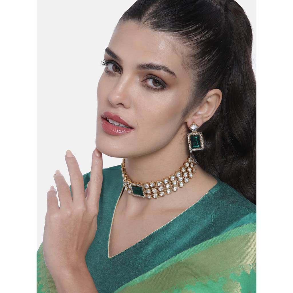 Gold Plated Kundan/Crystal Choker Necklace Earring Indian Traditional Jewellery Set For Women-Pf24N37 : PF24N37G