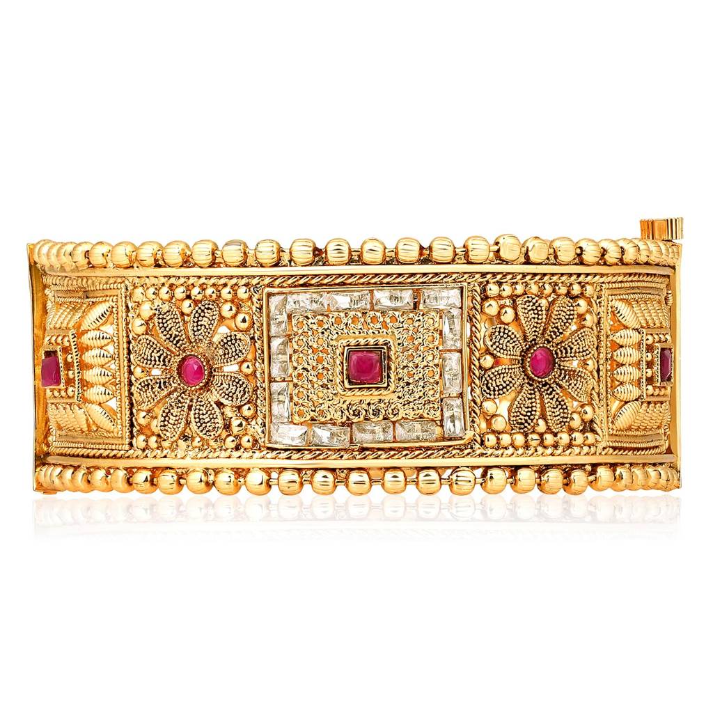 Gold Plated Synthetic Stone Studded Thick Single Piece Openable Bangle Kada Traditional Jewellery For Women (S : PF74B107-S1-6