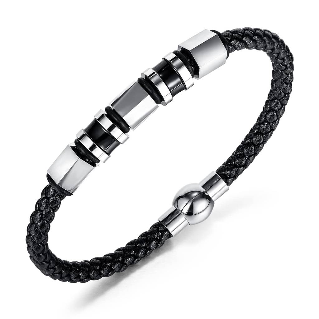 Black Leather Bracelet Silver Plated Stainless Steel Metal Stylish Design Fashion Jewellery For Men & Boys (Px9Lb44) : PX9LB44