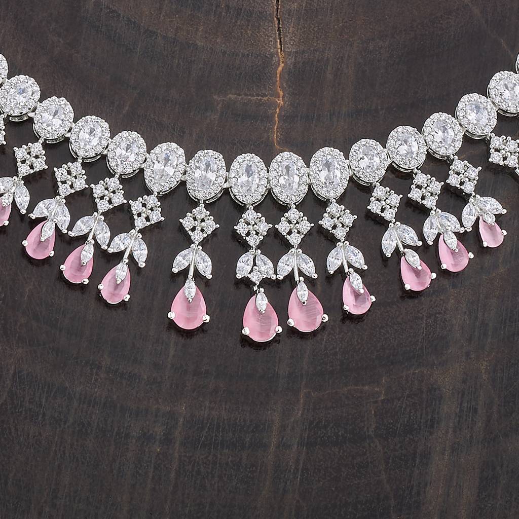 Kushal'S Fashion Jewellery Ruby Rhodium-Plated Cubic Zirconia Studded Jewellery Set-177113 : 424594