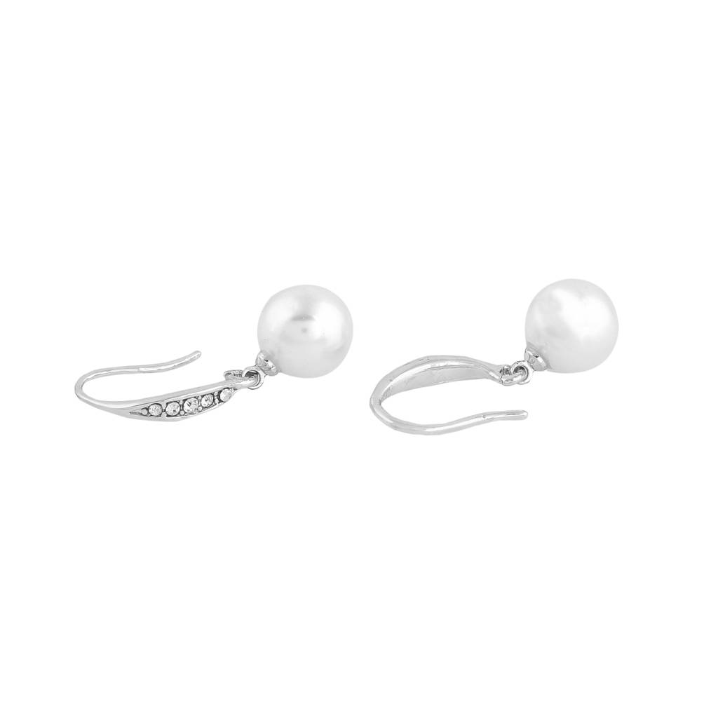Estele Rhodium Plated Enchanting Pearl Drop Earrings With White Crystals For Girls & Women : 650707-IRER