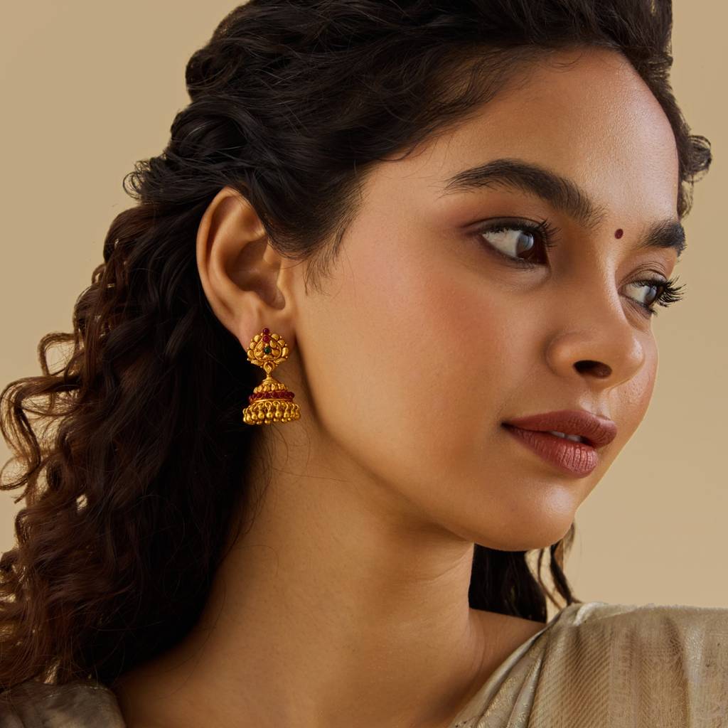 Kushal'S Fashion Jewellery Ruby-Green Gold-Plated Ethnic 92.5 Pure Silver Temple Jhumkas-174146 : 417975