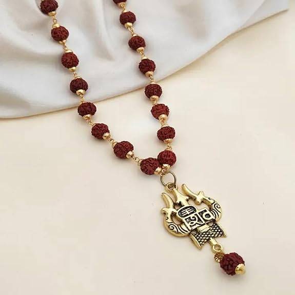 Spiritual Shiv Trishul Pendant With Damru | Lightweight Rudraksha Mala For Men : OSAK059-IGBRNPENDANT