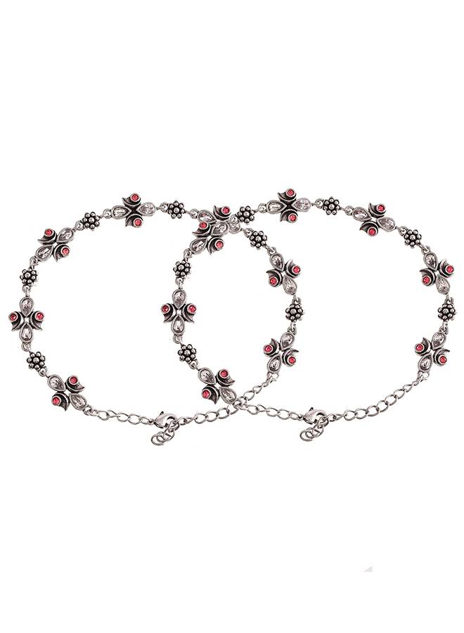 Abharan Silver Plated Pink And White Stones Anklets : 8905124493375