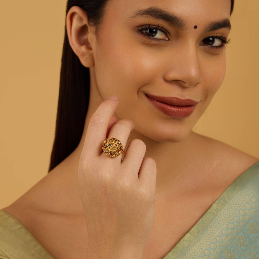 Kushal'S Fashion Jewellery Ruby-Green Gold-Plated Ethnic Antique Finger Ring : 430463