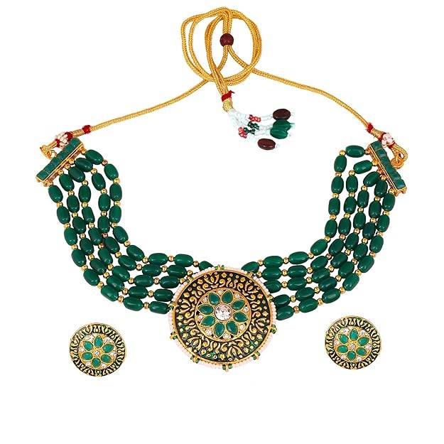 Estele Gold Plated Fascinating Designer Gehena Necklace Set With Green Beads For Women : PJ-022-IGGNNKER