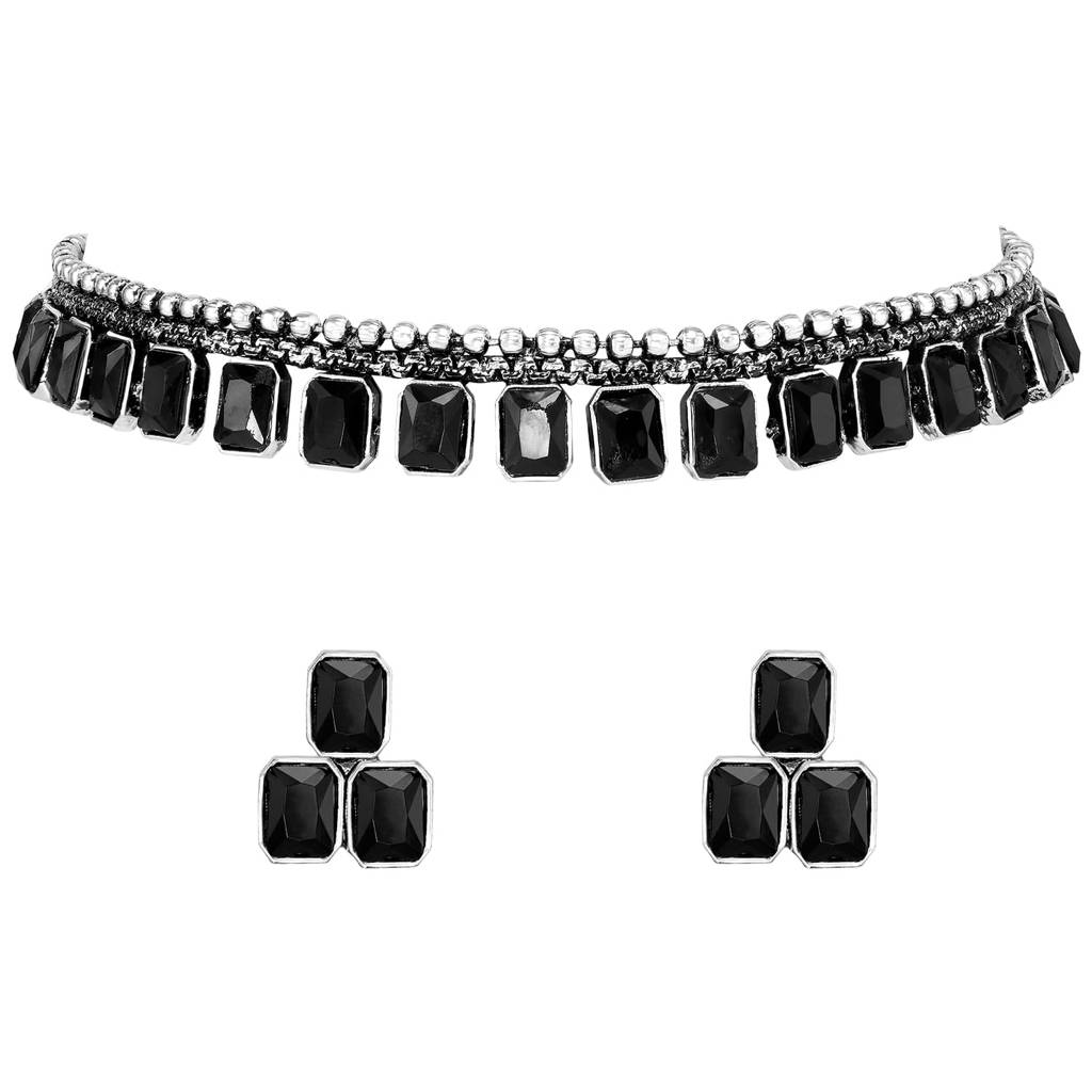 Silver Plated Black Synthetic Stone Studded Choker Necklace Stud Earrings Ethnic Jewellery Set For Women & Girls : PF04NK10348B