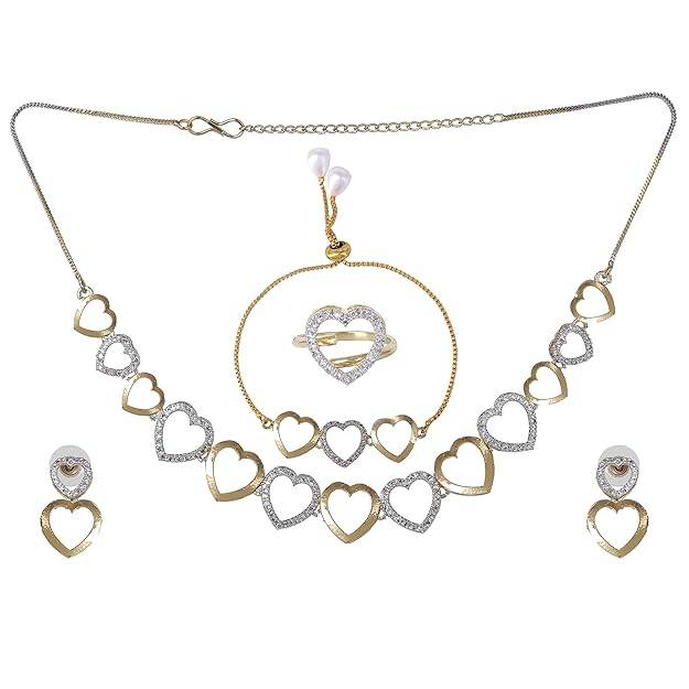 lry Combo Of Choker Necklace Set For Women: Gold & Rhodium Plated White American Diamond Trendy Heart : OSAKCOM008-2TNWENKERBRFN