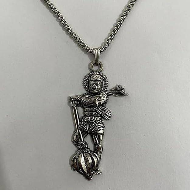 Gehena By Estele Powerful Bajrangbali Hanuman Ji With Gada (Mace) Locket Pendant For Men: Silver Oxidize : OSAK048-IROXPENDANT