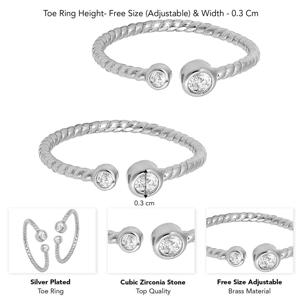 Silver Plated Cz Studded Adjustable Fancy Toe Ring Stylish Bichiya Daily Regular Jewellery For Women : PF30TR21S