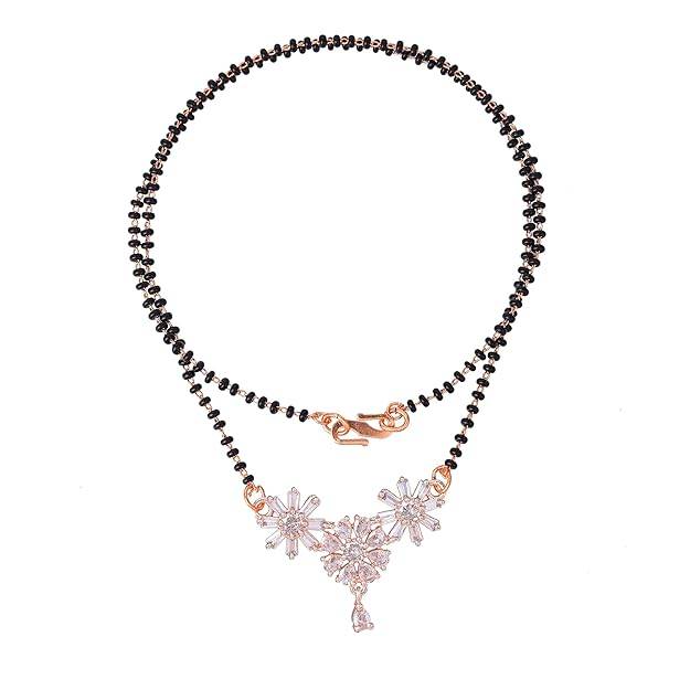 Estele Rosegold Plated Charming & Vibrant Floral Elegance Mangalsutra Chain With Black Beads & White Crys : OSAKMS006-RGWENK