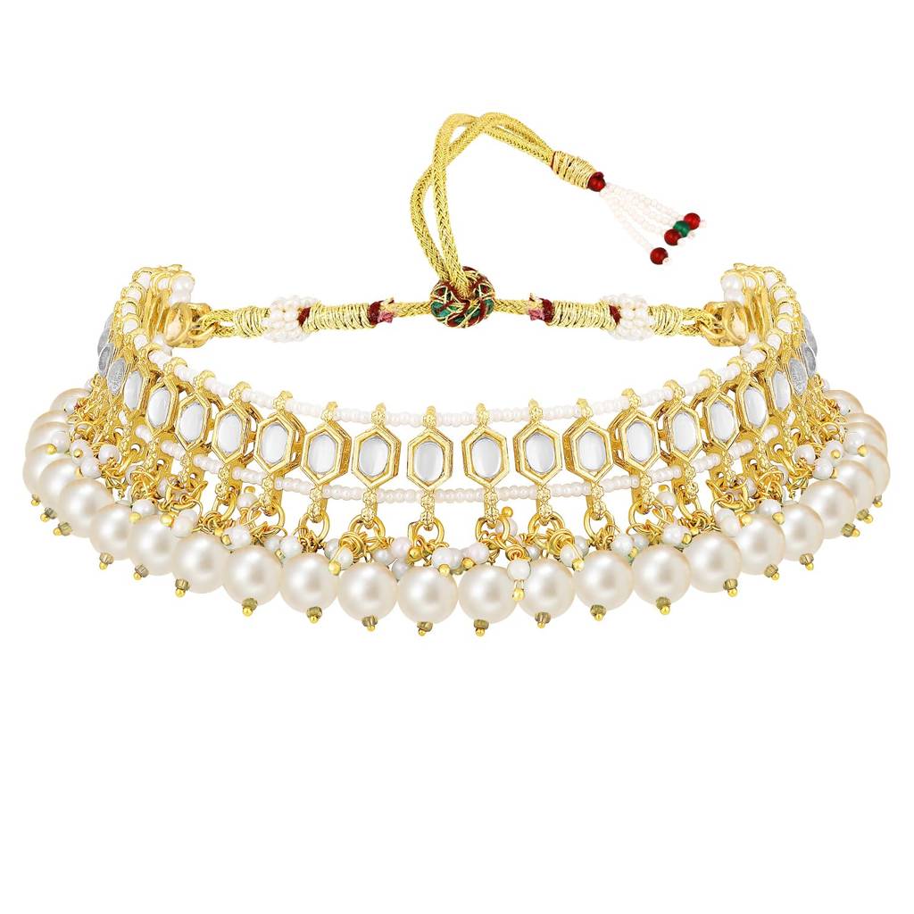 Gold Plated White Beads & Kundan Studded Necklace Choker With Jhumka Earrings & Maangtikka Jewellery Set For Women : PF26N024W