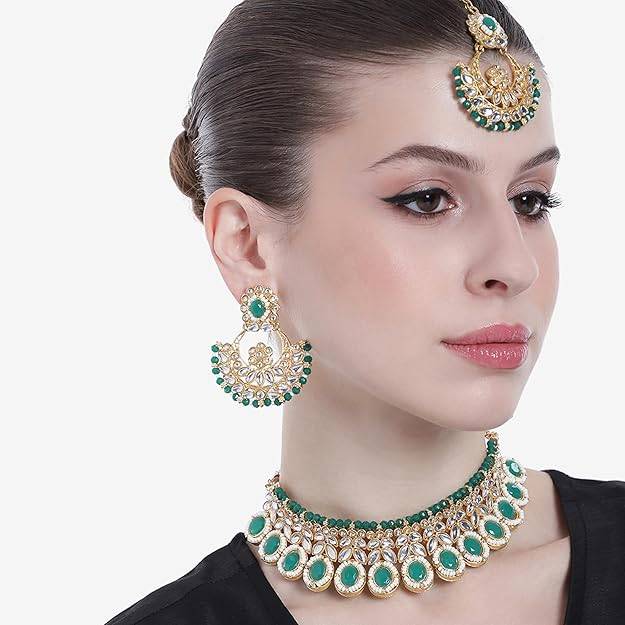 Estele Gold Plated Dazzling Gehena Necklace Set & Maang Tikka With Green Stones For Women : PJ-044-IGGNNKERTK