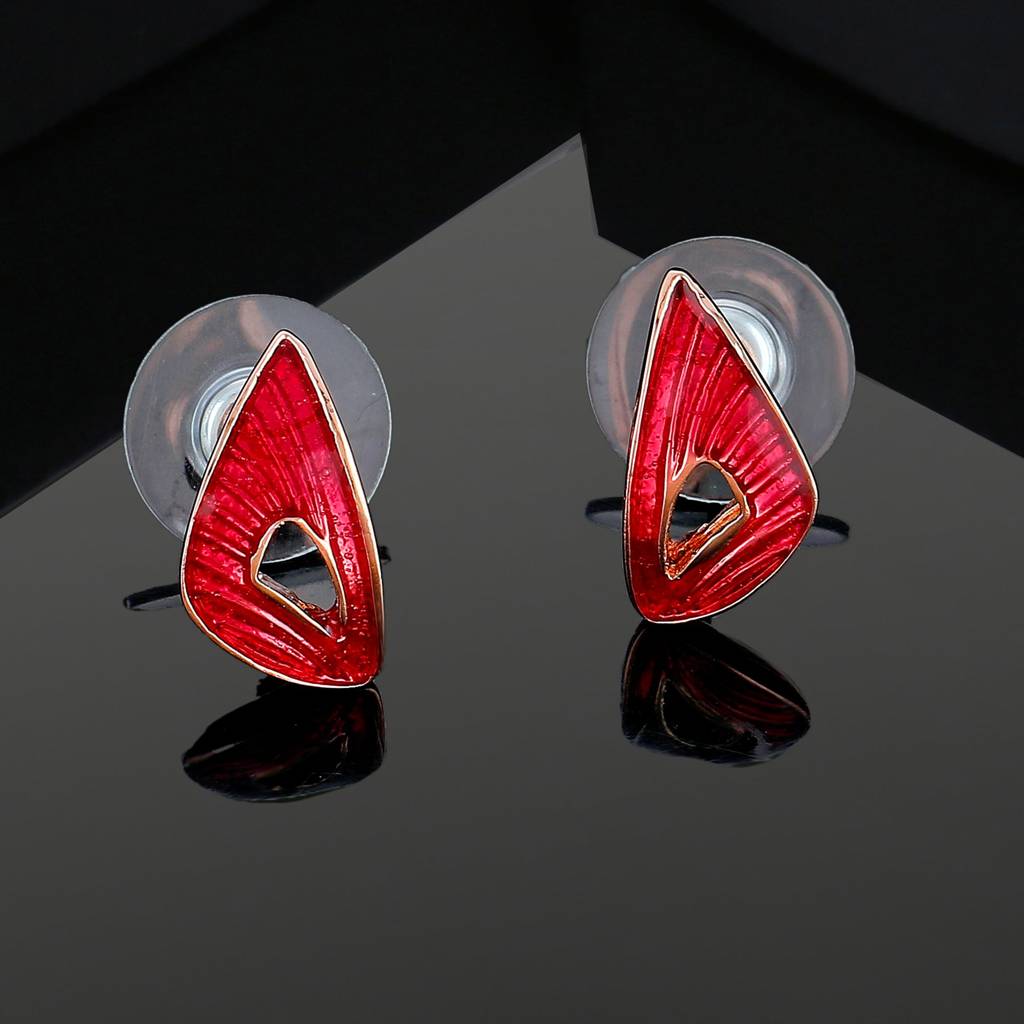 Estele Rosegold Plated Classic Patterned Stud Earrings With Red Enamel For Women : 741704-RGER