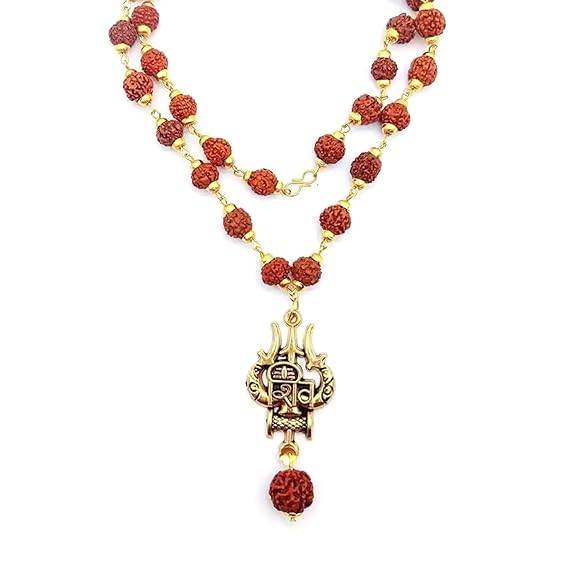 Spiritual Shiv Trishul Pendant With Damru | Lightweight Rudraksha Mala For Men : OSAK059-IGBRNPENDANT