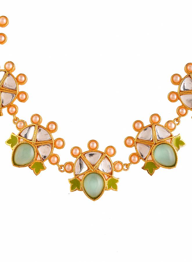 Forever More Green Enamelled Floral Pearls And Green Stones Jewellery Set : 8905124498332