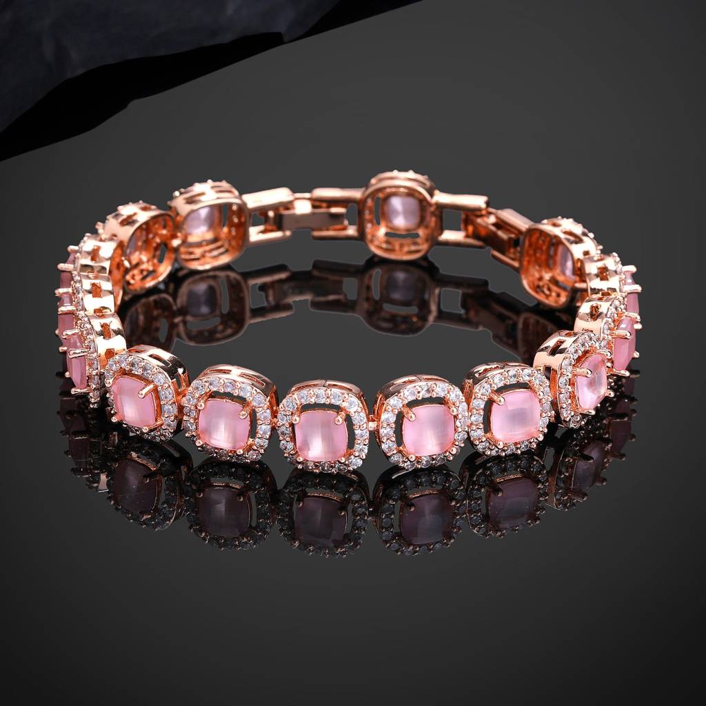 Estele Rosegold Plated Charming Mint Pink American Diamonds Charm Bracelet|Stylish Elegance For Girls & Women : AD-067-RGMPBR