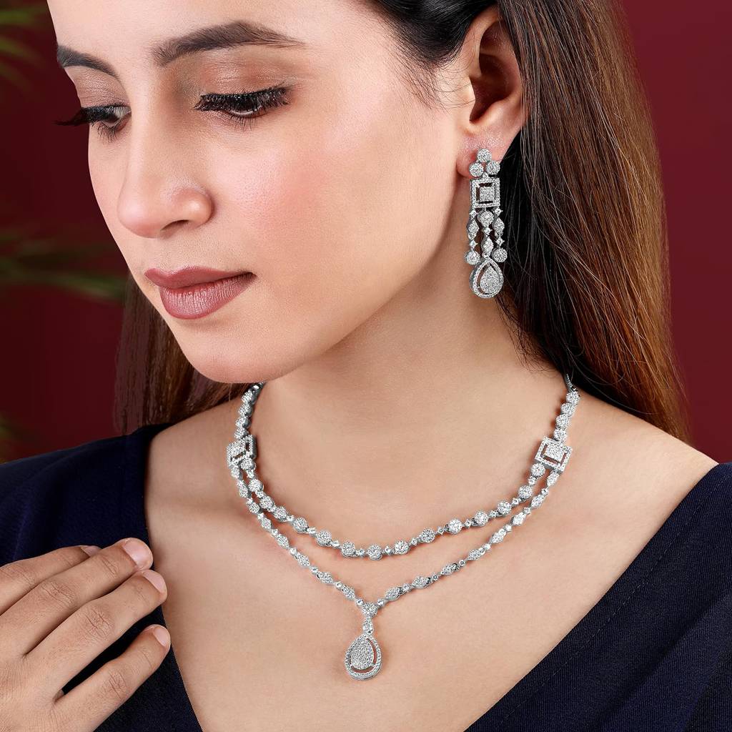 Cubic Zirconia Studded Two Layer Pendant Style Necklace & Drop Earrings Fancy Western Jewellery Set For Women-Pf67 : PF67N107S